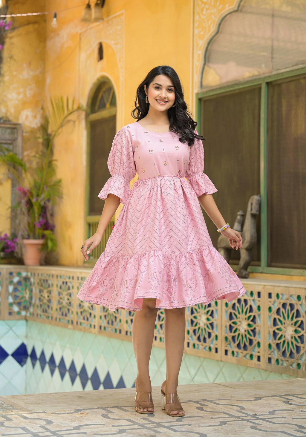 Juniper Blush Pink Bloom Fit & Flare Short Dress | Grocsy