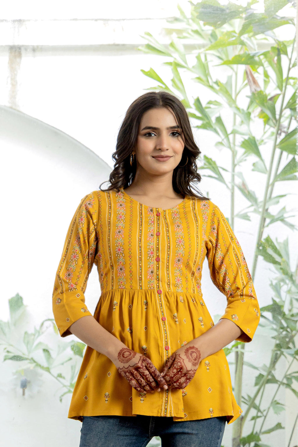 Juniper Mustard Floral Printed Viscose Tunic With Buttons | Grocsy