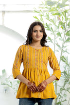 Juniper Mustard Floral Printed Viscose Tunic With Buttons | Grocsy
