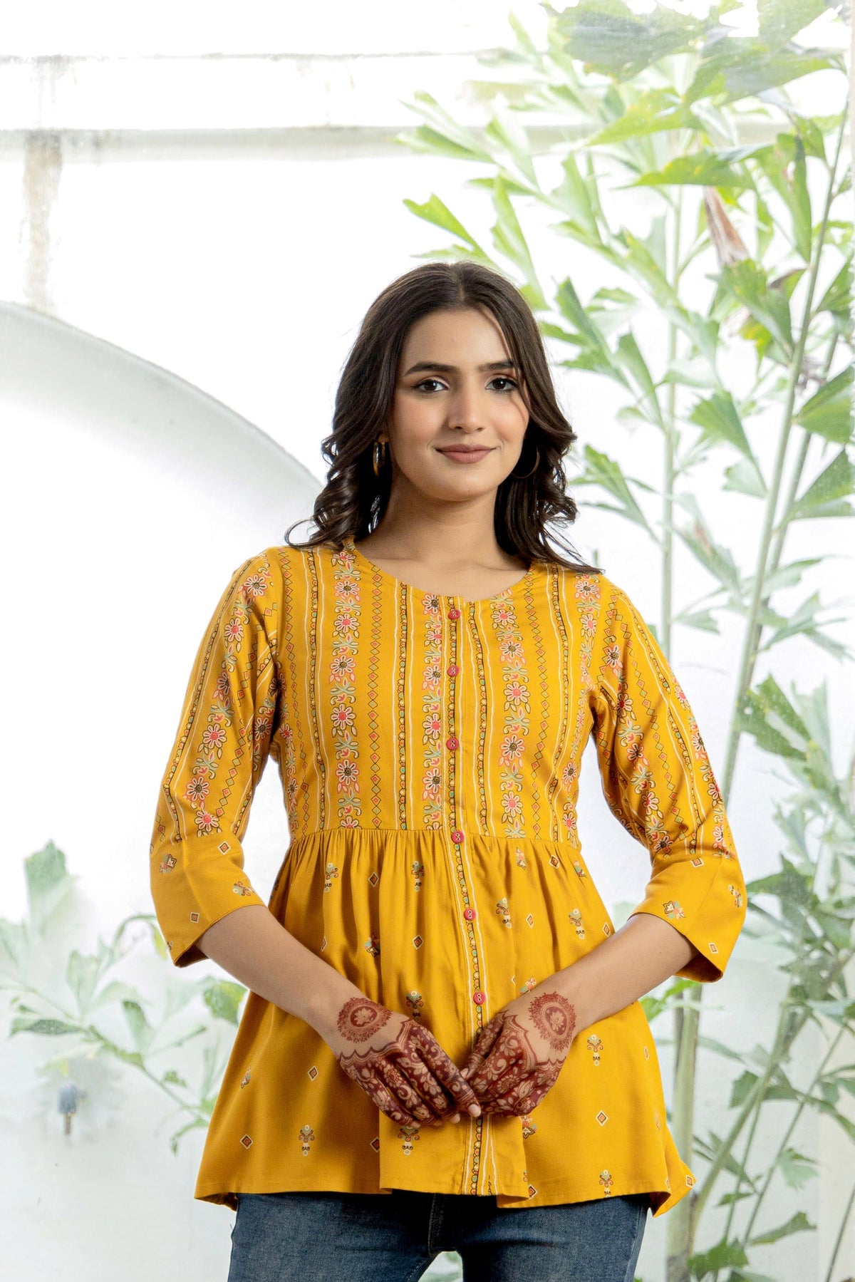 Juniper Mustard Floral Printed Viscose Tunic With Buttons | Grocsy