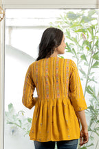 Juniper Mustard Floral Printed Viscose Tunic With Buttons | Grocsy