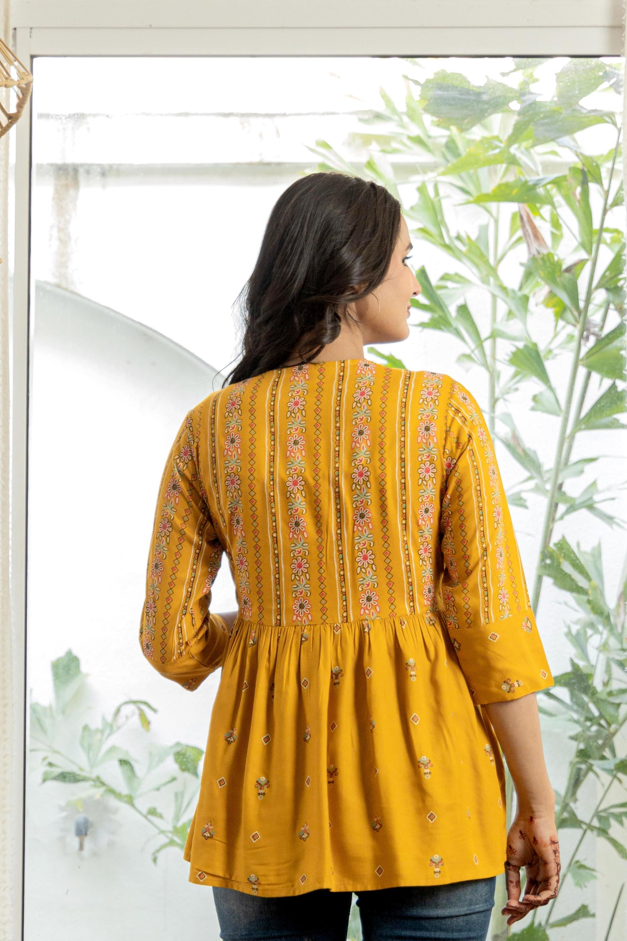 Juniper Mustard Floral Printed Viscose Tunic With Buttons | Grocsy