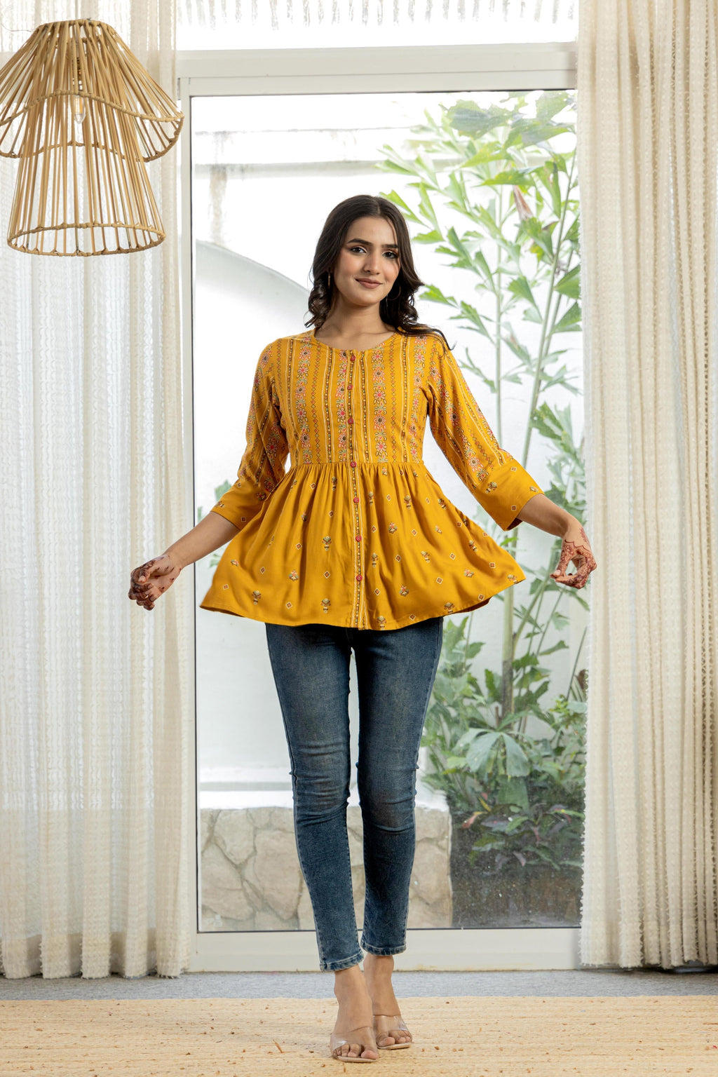 Juniper Mustard Floral Printed Viscose Tunic With Buttons | Grocsy