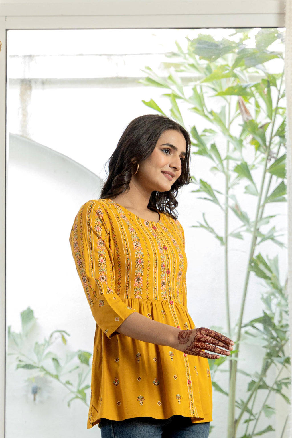 Juniper Mustard Floral Printed Viscose Tunic With Buttons | Grocsy