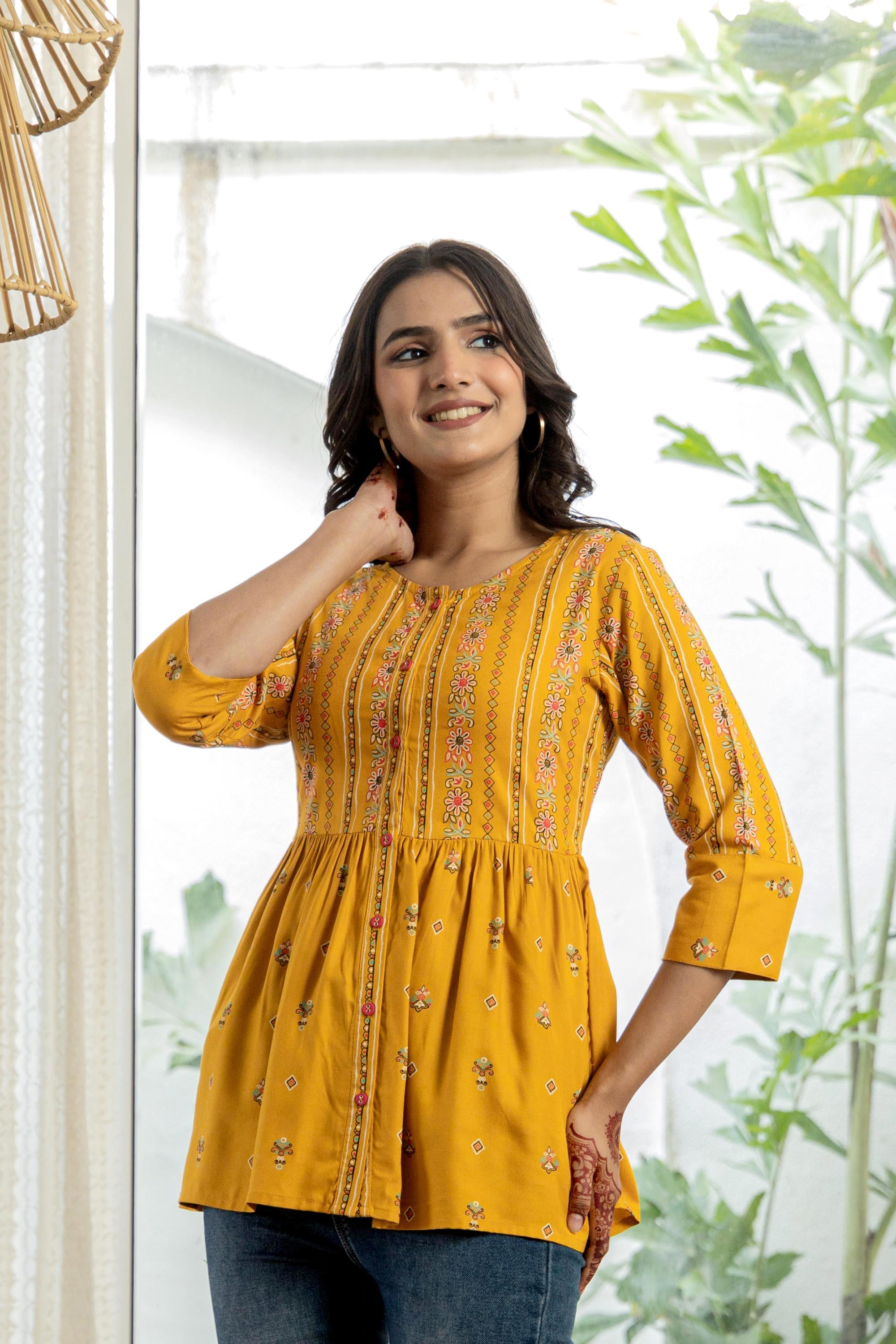 Juniper Mustard Floral Printed Viscose Tunic With Buttons | Grocsy
