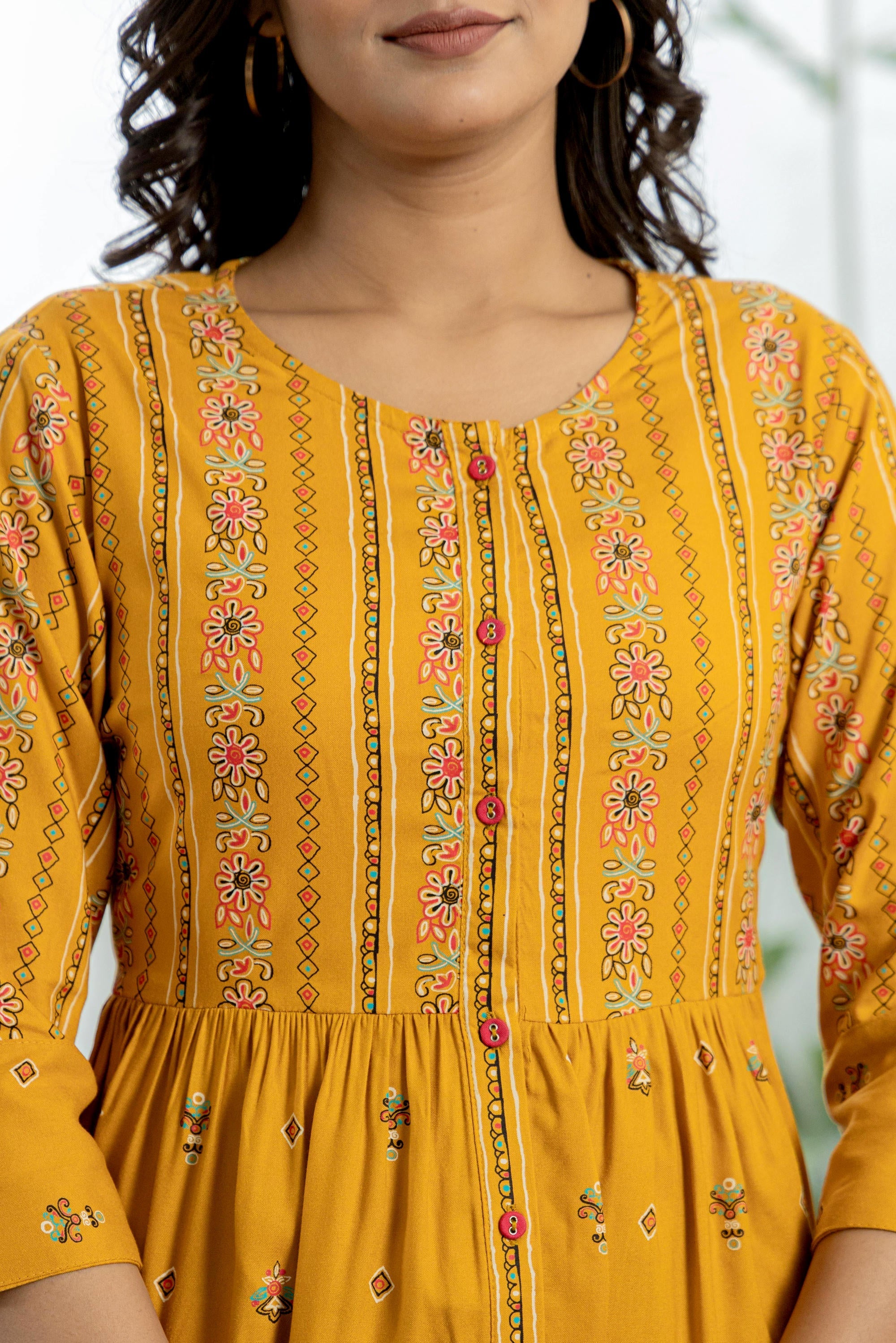 Juniper Mustard Floral Printed Viscose Tunic With Buttons | Grocsy