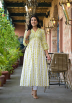 Juniper Women's Off White & Lime Floral Printed Viscose Kurta With Sequins & Thread Work | Grocsy