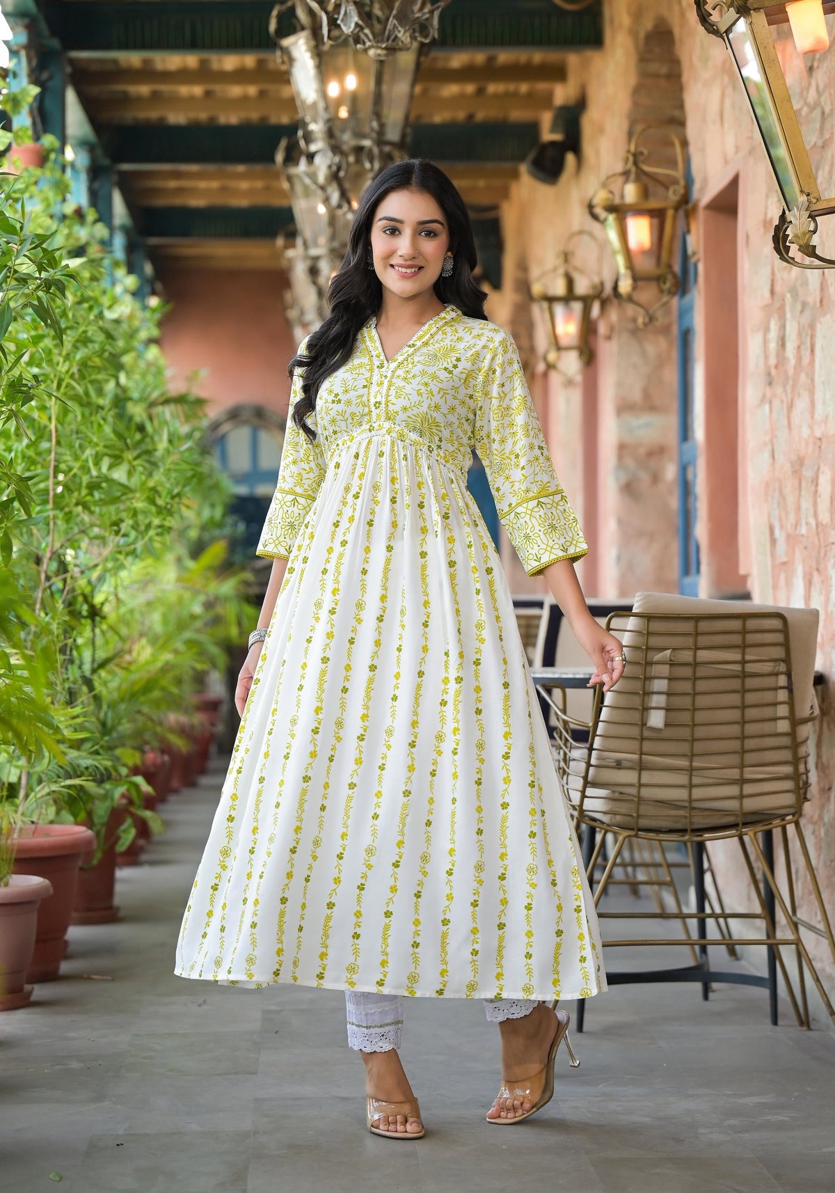 Juniper Off White & Lime Floral Printed Viscose Kurta With Sequins & Thread Work | Grocsy