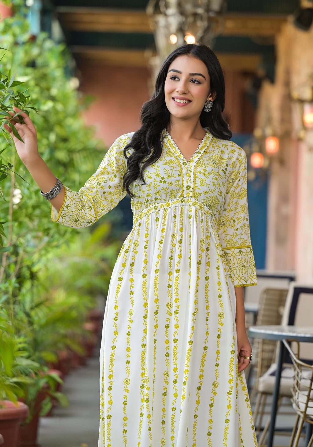 Juniper Women's Off White & Lime Floral Printed Viscose Kurta With Sequins & Thread Work | Grocsy