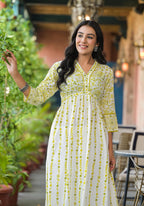 Juniper Women's Off White & Lime Floral Printed Viscose Kurta With Sequins & Thread Work | Grocsy