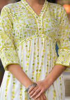 Juniper Women's Off White & Lime Floral Printed Viscose Kurta With Sequins & Thread Work | Grocsy