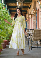 Juniper Women's Off White & Lime Floral Printed Viscose Kurta With Sequins & Thread Work | Grocsy