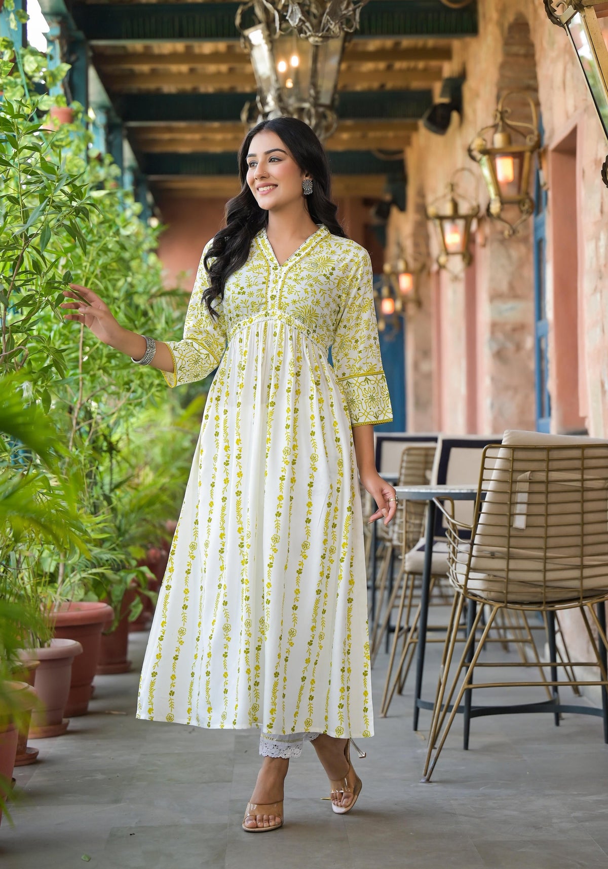Juniper Women's Off White & Lime Floral Printed Viscose Kurta With Sequins & Thread Work | Grocsy