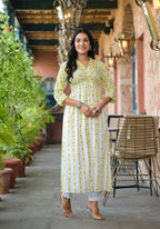 Juniper Women's Off White & Lime Floral Printed Viscose Kurta With Sequins & Thread Work | Grocsy