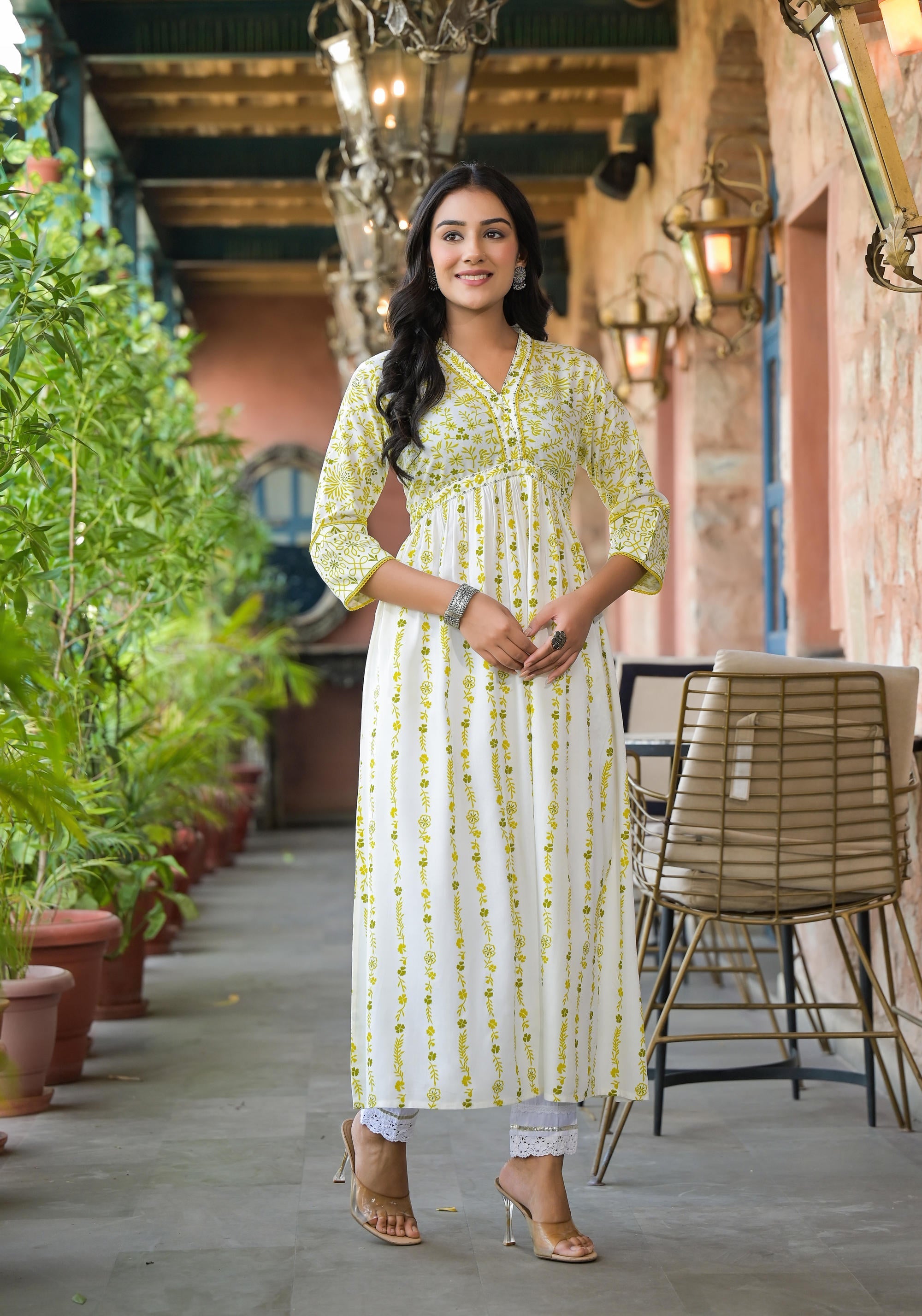 Juniper Women's Off White & Lime Floral Printed Viscose Kurta With Sequins & Thread Work | Grocsy