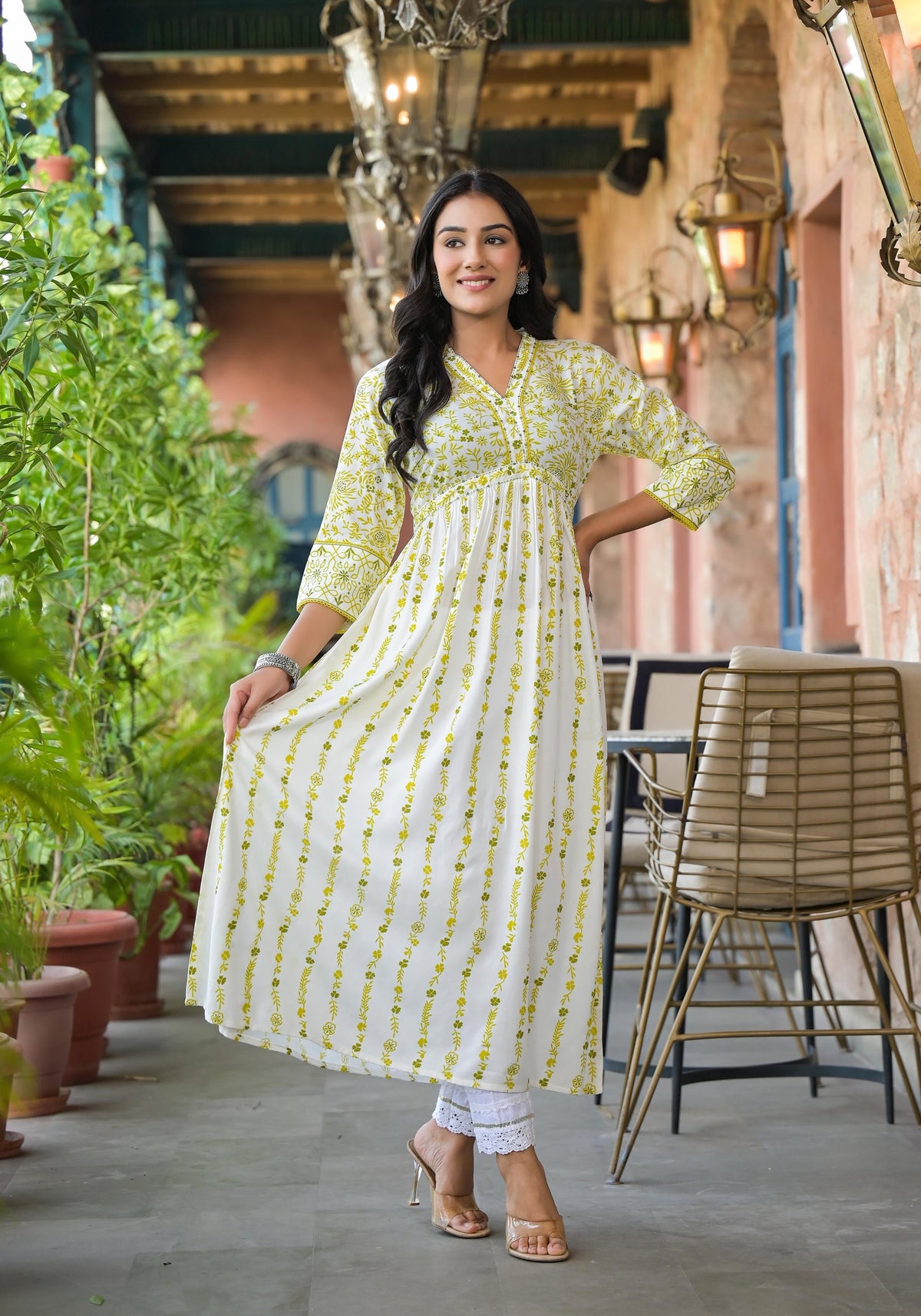 Juniper Women's Off White & Lime Floral Printed Viscose Kurta With Sequins & Thread Work | Grocsy