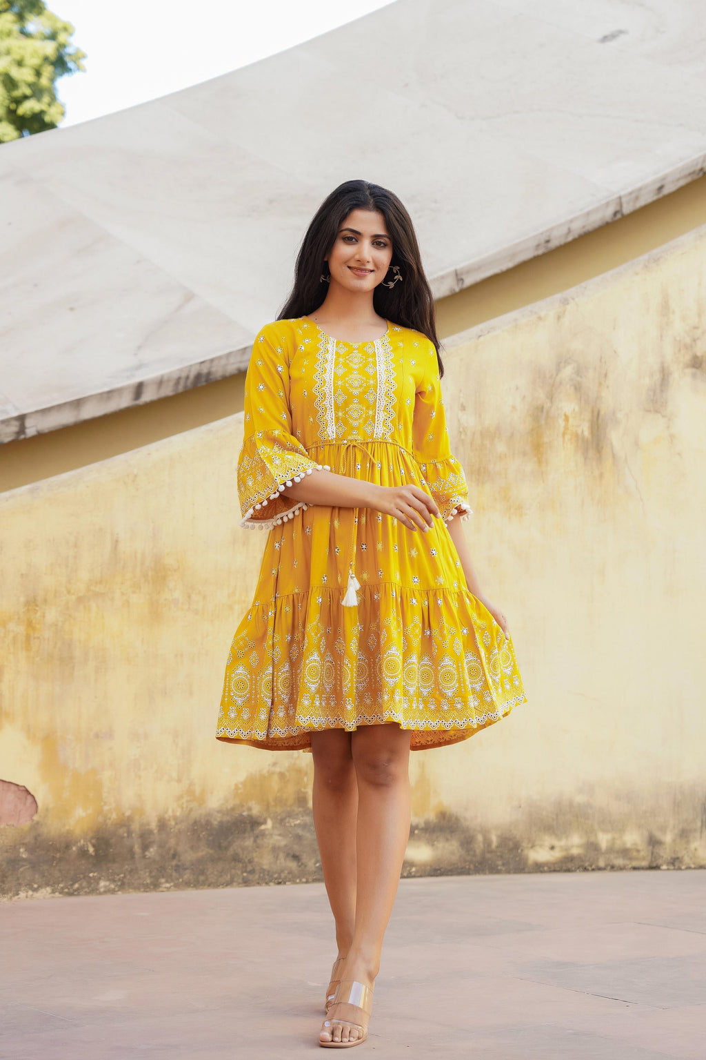 Juniper Mustard Ethnic Motif Printed Viscose Short Dress With Doris & Tassels | Grocsy