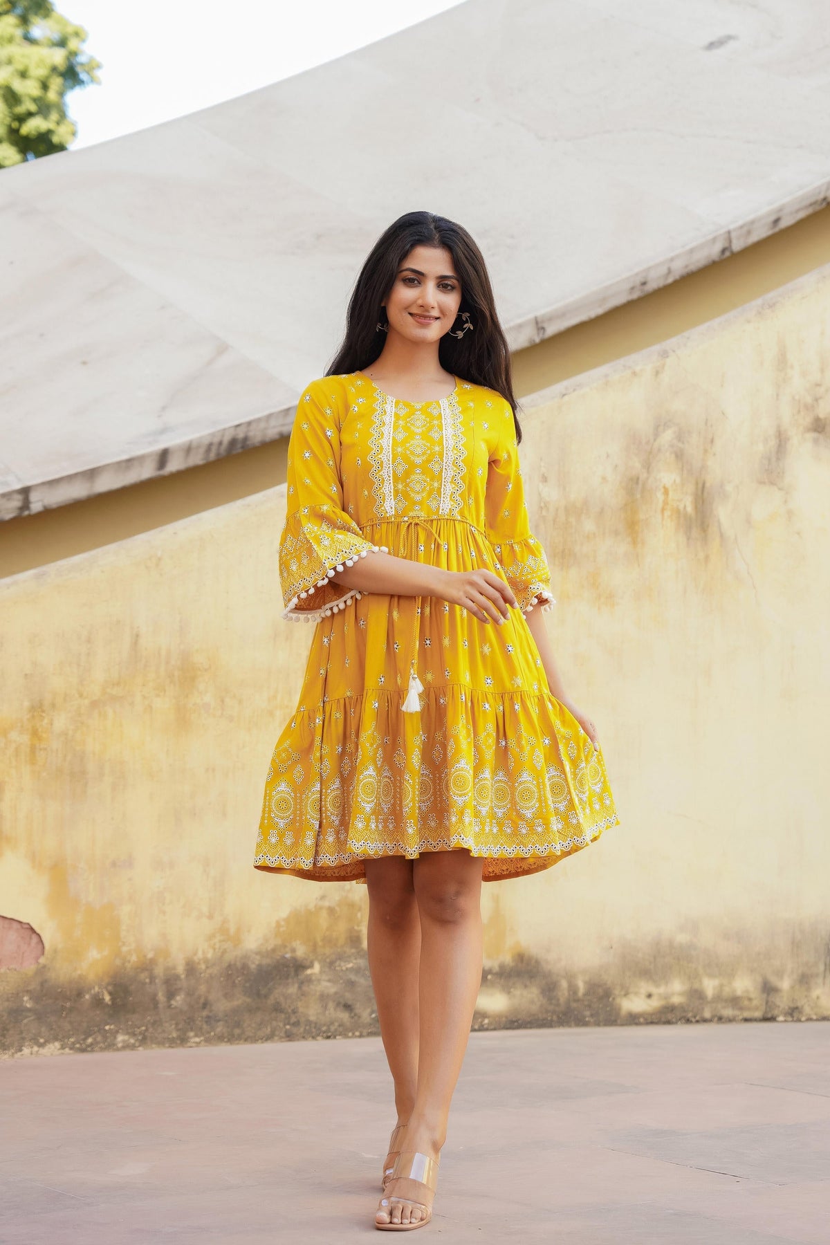 Juniper Mustard Ethnic Motif Printed Viscose Short Dress With Doris & Tassels | Grocsy