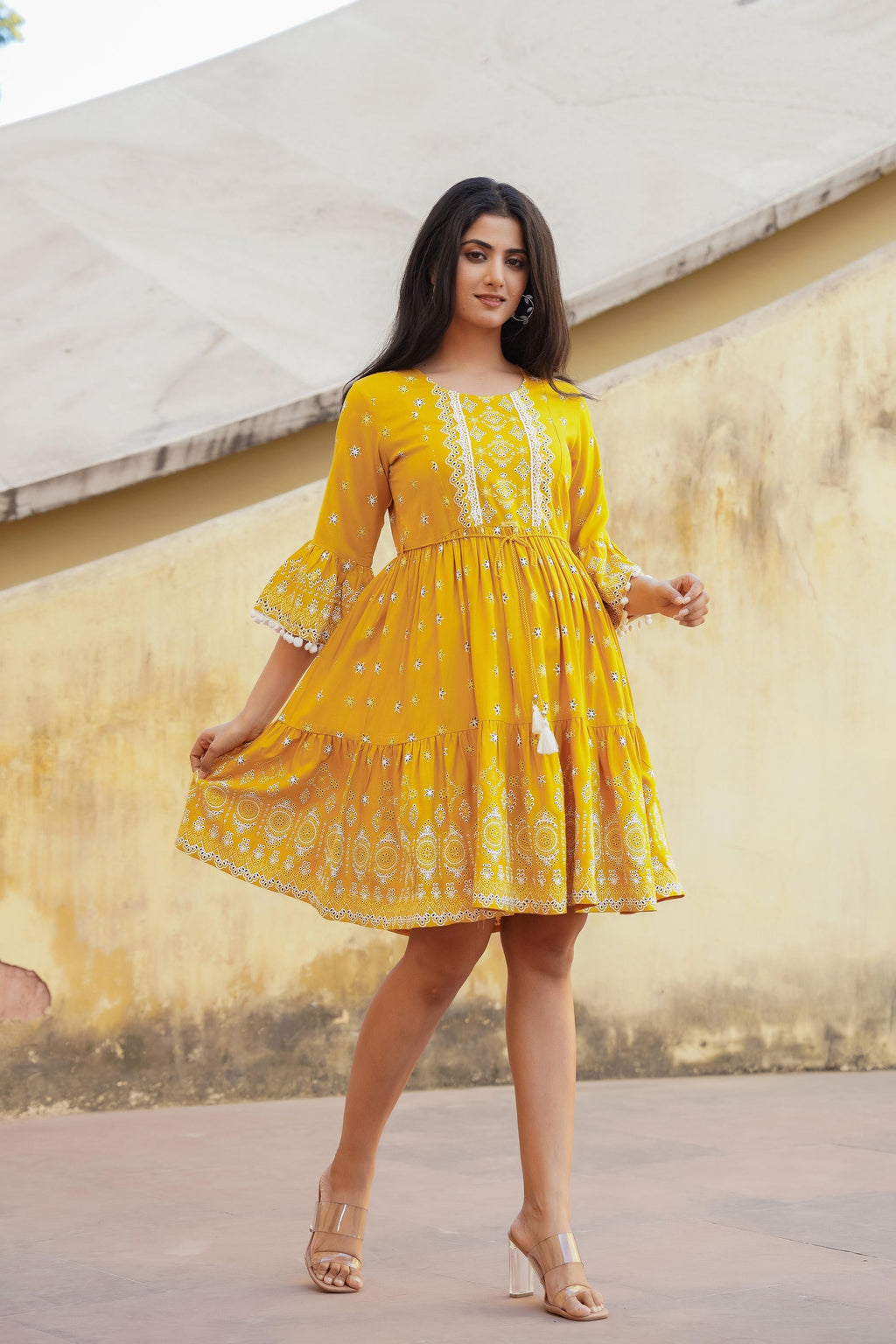 Juniper Mustard Ethnic Motif Printed Viscose Short Dress With Doris & Tassels | Grocsy