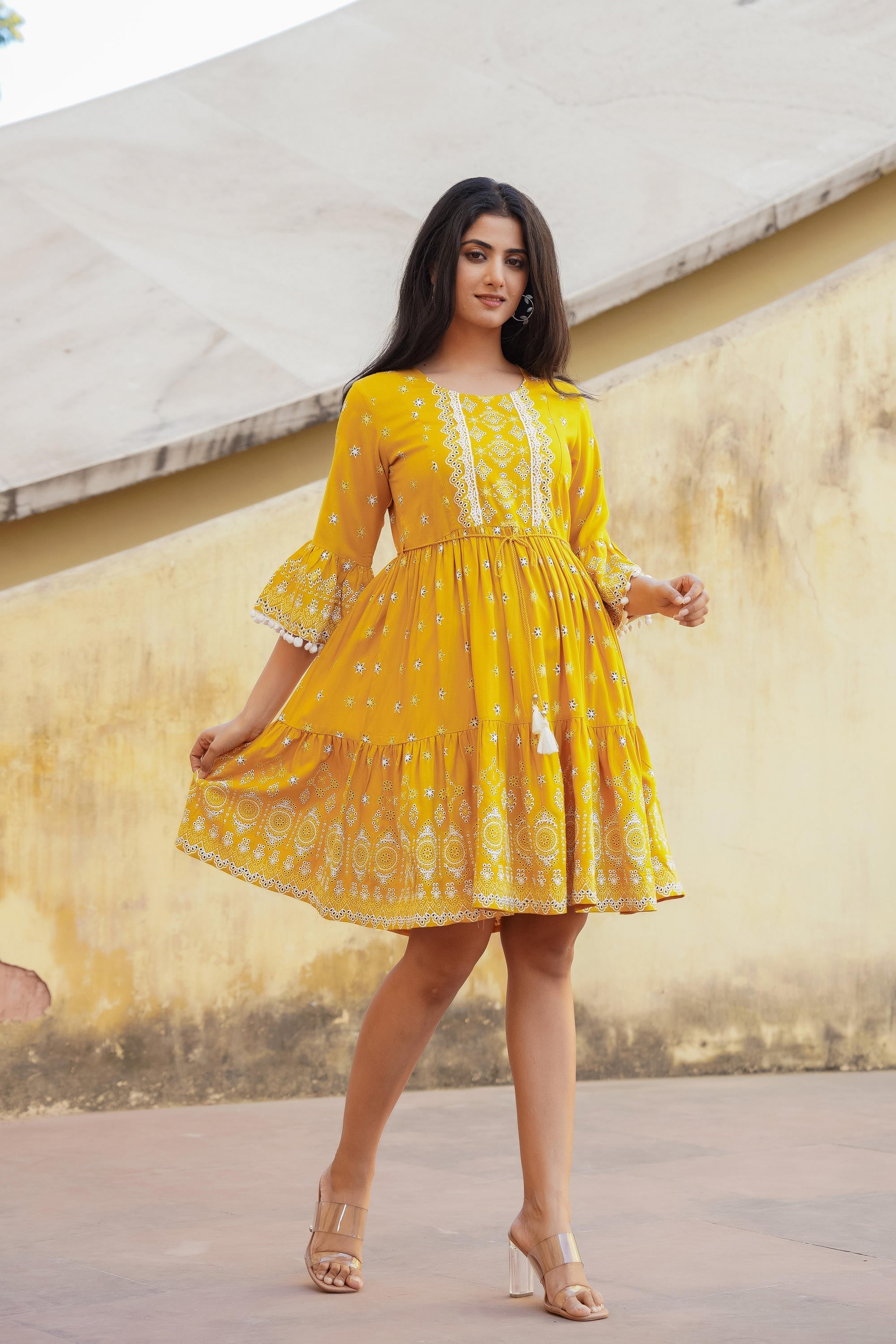 Juniper Mustard Ethnic Motif Printed Viscose Short Dress With Doris & Tassels | Grocsy