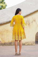 Juniper Mustard Ethnic Motif Printed Viscose Short Dress With Doris & Tassels | Grocsy