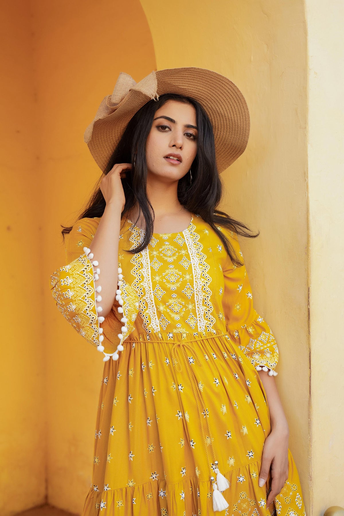Juniper Mustard Ethnic Motif Printed Viscose Short Dress With Doris & Tassels | Grocsy