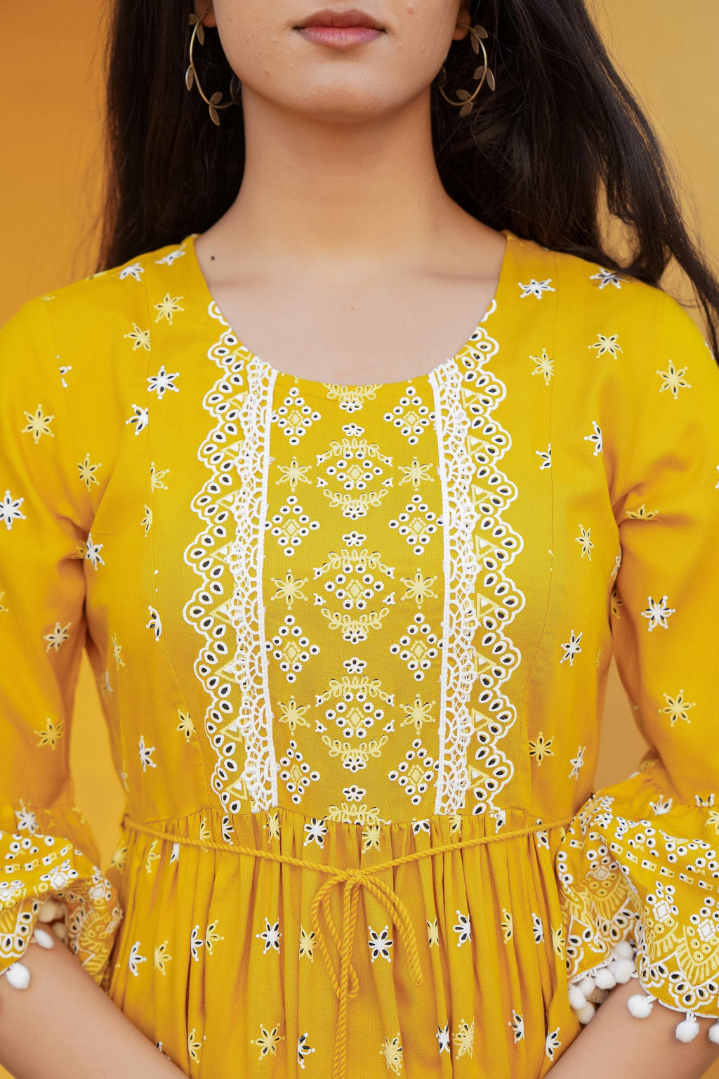 Juniper Women's Mustard Ethnic Motif Printed Viscose Short Dress With Doris & Tassels | Grocsy