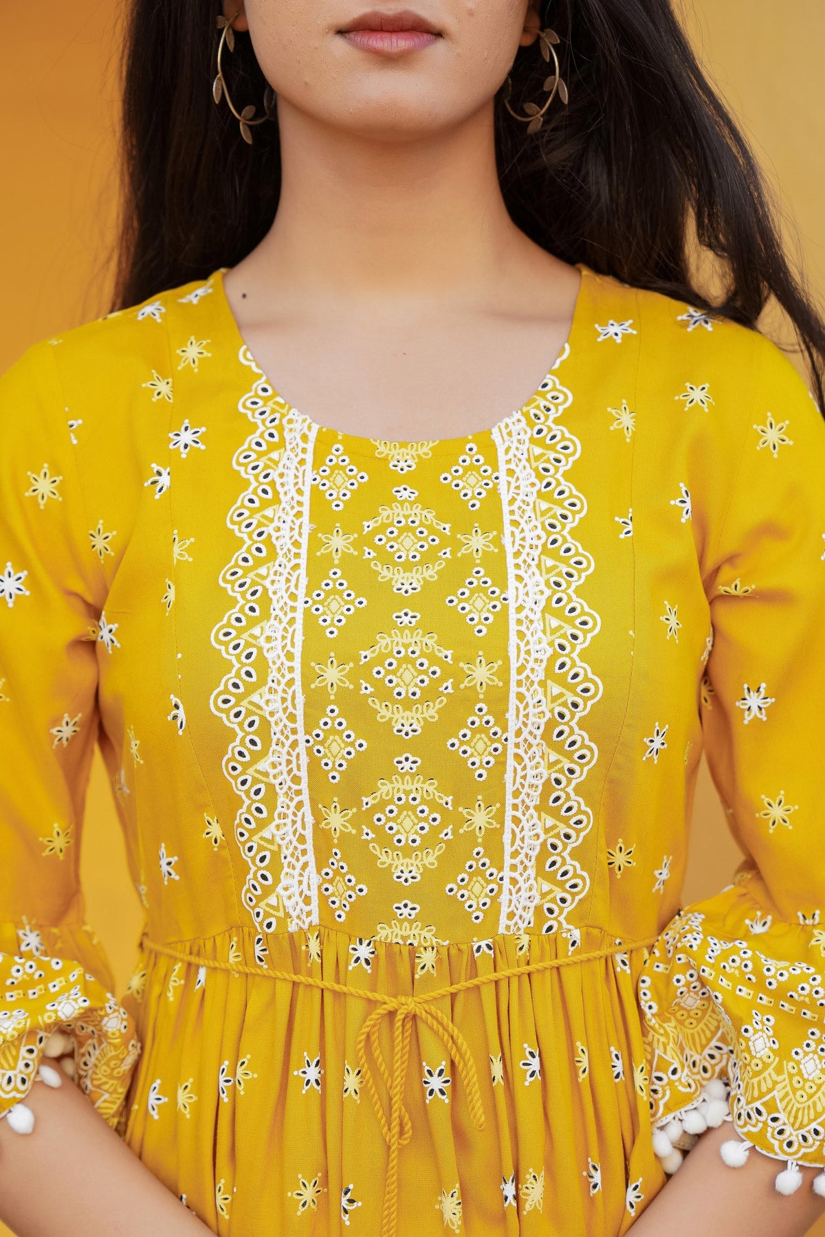 Juniper Women's Mustard Ethnic Motif Printed Viscose Short Dress With Doris & Tassels | Grocsy