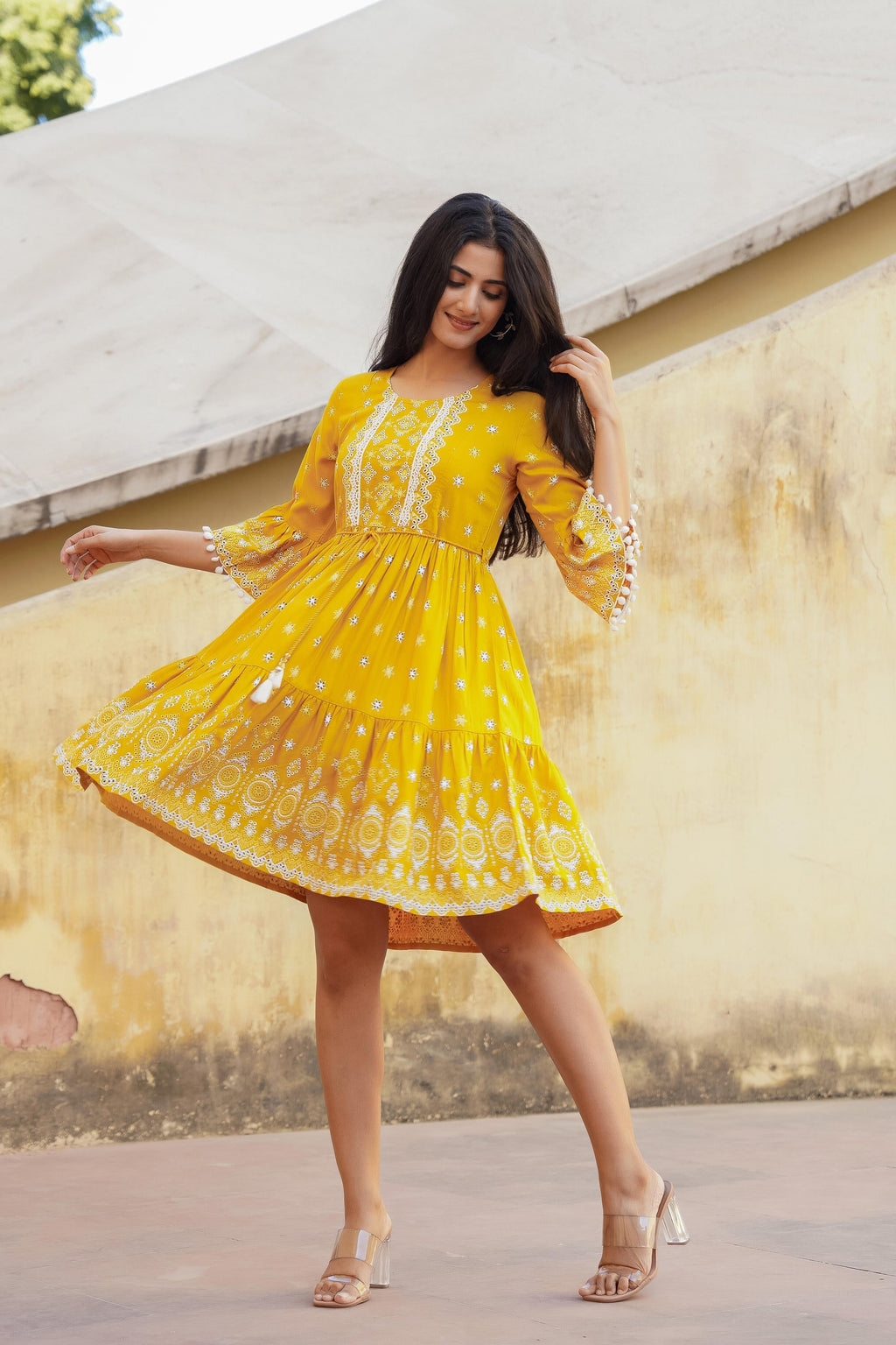 Juniper Women's Mustard Ethnic Motif Printed Viscose Short Dress With Doris & Tassels | Grocsy