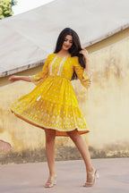 Juniper Women's Mustard Ethnic Motif Printed Viscose Short Dress With Doris & Tassels | Grocsy