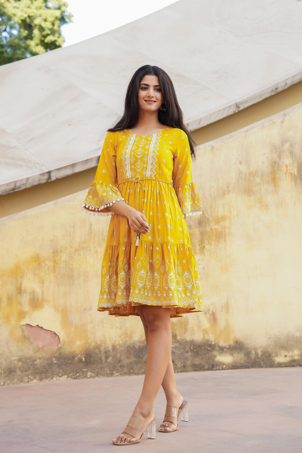 Juniper Women's Mustard Ethnic Motif Printed Viscose Short Dress With Doris & Tassels | Grocsy