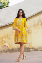 Juniper Women's Mustard Ethnic Motif Printed Viscose Short Dress With Doris & Tassels | Grocsy