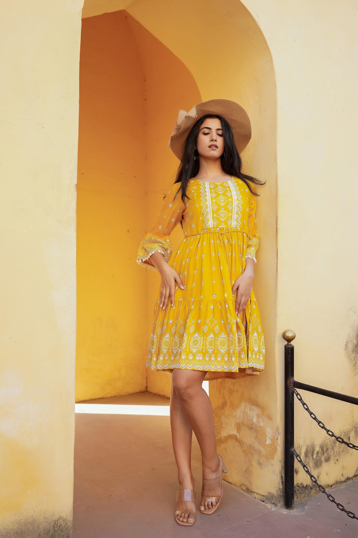 Juniper Women's Mustard Ethnic Motif Printed Viscose Short Dress With Doris & Tassels | Grocsy
