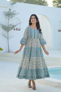 Juniper Sky Blue Ethnic Motif Printed Cotton Long Dress With Doris & Tassels | Grocsy