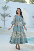 Juniper Sky Blue Ethnic Motif Printed Cotton Long Dress With Doris & Tassels | Grocsy