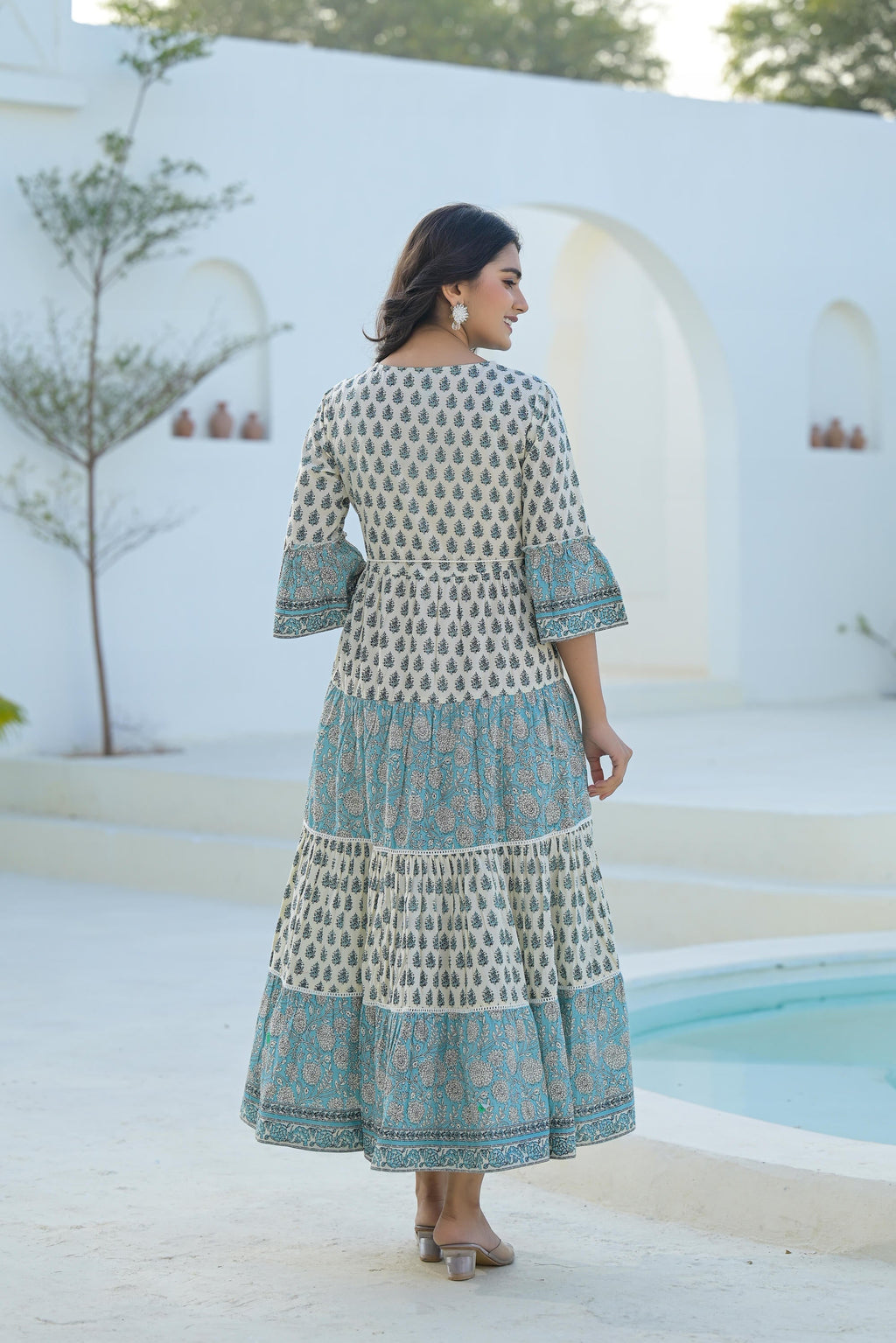 Juniper Sky Blue Ethnic Motif Printed Cotton Long Dress With Doris & Tassels | Grocsy