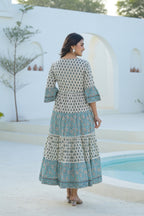 Juniper Sky Blue Ethnic Motif Printed Cotton Long Dress With Doris & Tassels | Grocsy