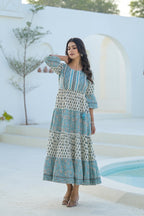 Juniper Sky Blue Ethnic Motif Printed Cotton Long Dress With Doris & Tassels | Grocsy