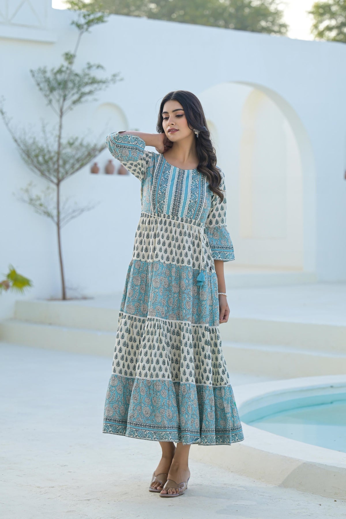 Juniper Sky Blue Ethnic Motif Printed Cotton Long Dress With Doris & Tassels | Grocsy