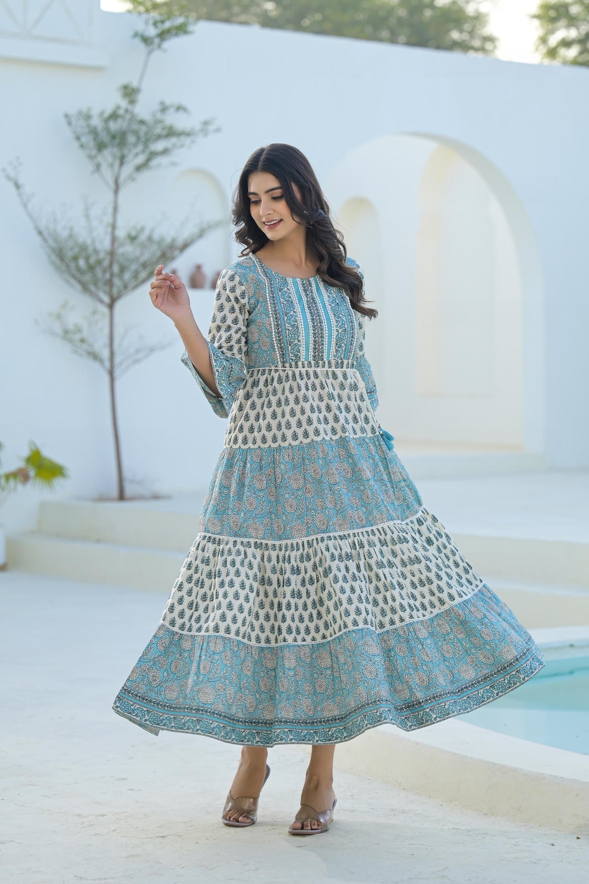 Juniper Sky Blue Ethnic Motif Printed Cotton Long Dress With Doris & Tassels | Grocsy