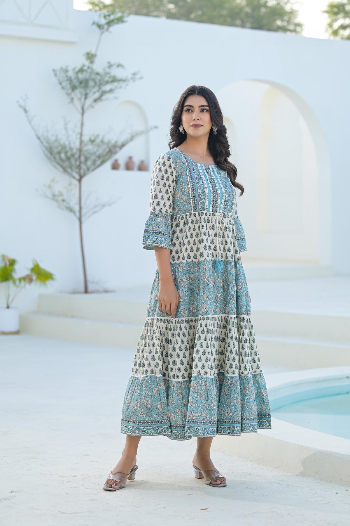 Juniper Women's Sky Blue Ethnic Motif Printed Cotton Long Dress With Doris & Tassels | Grocsy