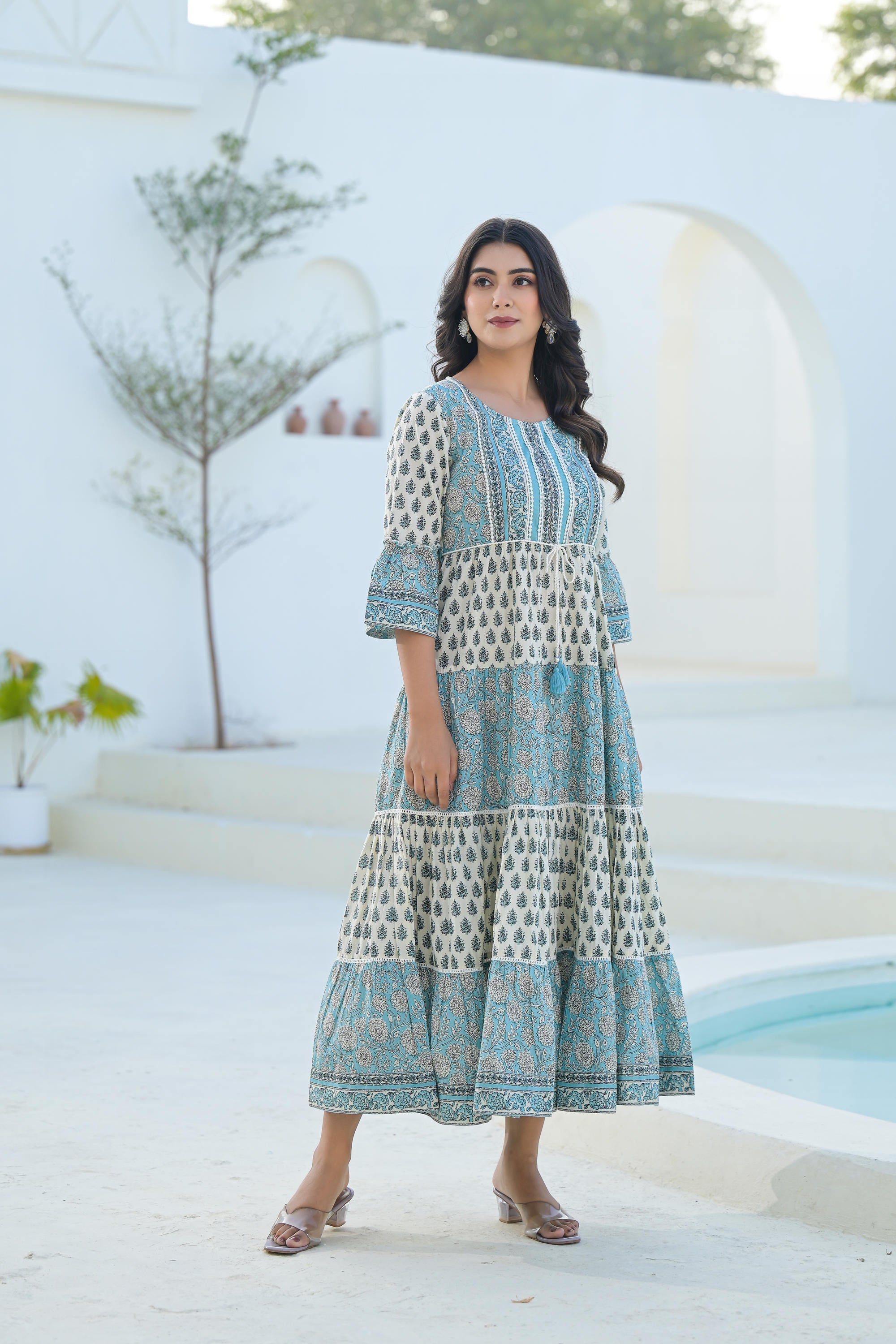 Juniper Sky Blue Ethnic Motif Printed Cotton Long Dress With Doris & Tassels | Grocsy