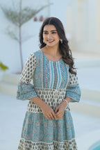 Juniper Women's Sky Blue Ethnic Motif Printed Cotton Long Dress With Doris & Tassels | Grocsy