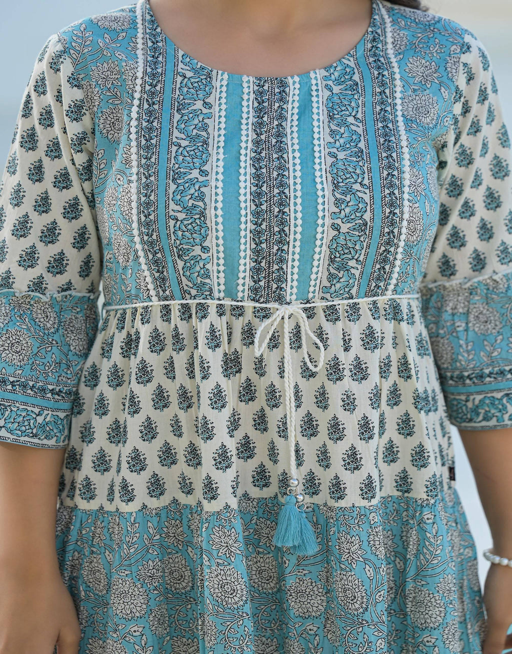 Juniper Women's Sky Blue Ethnic Motif Printed Cotton Long Dress With Doris & Tassels | Grocsy