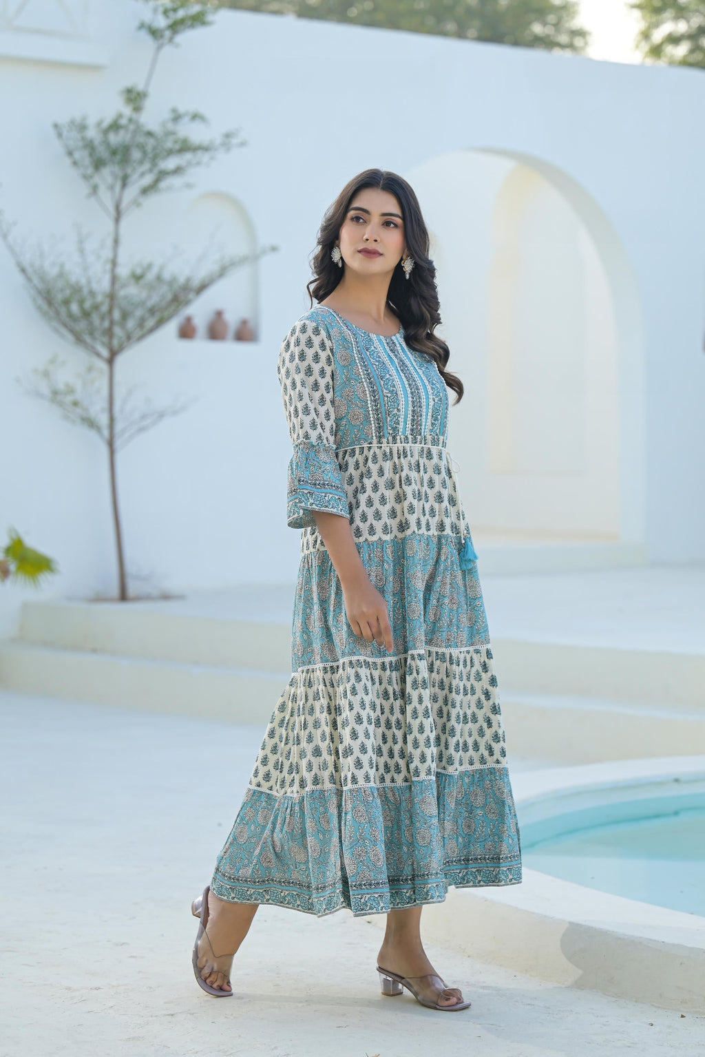 Juniper Women's Sky Blue Ethnic Motif Printed Cotton Long Dress With Doris & Tassels | Grocsy