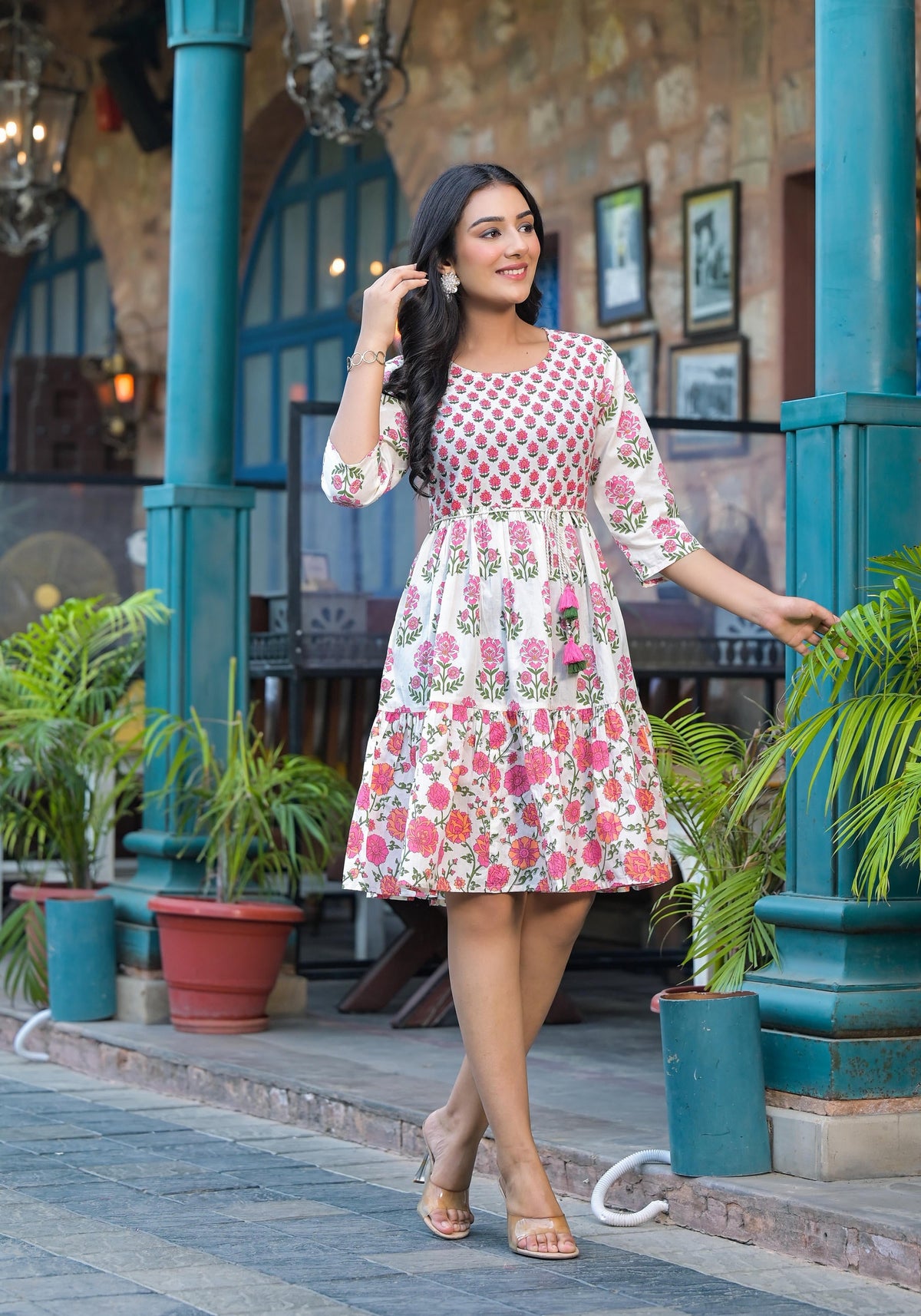 Juniper Women's Off Lime Floral Printed Cotton Short Dress With Doris | Grocsy
