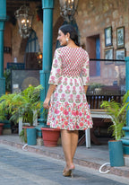 Juniper Off Lime Floral Printed Cotton Short Dress With Doris | Grocsy
