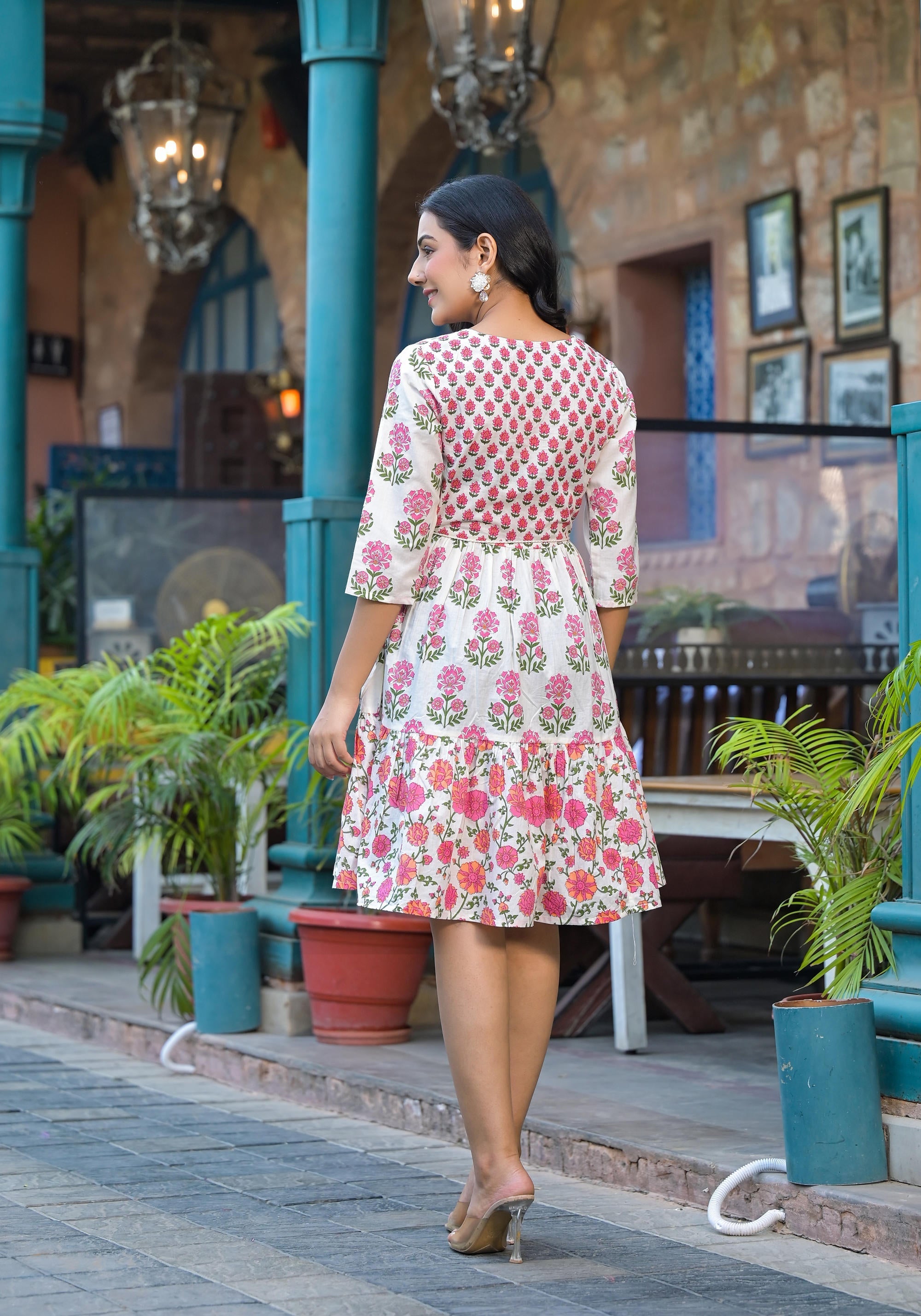 Juniper Off Lime Floral Printed Cotton Short Dress With Doris | Grocsy
