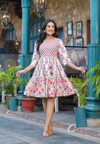 Juniper Off Lime Floral Printed Cotton Short Dress With Doris | Grocsy