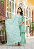 Juniper Green Ethnic Motif Printed Viscose Kurta Palazzo And Dupatta Set With Thread Work & Sequins | Grocsy